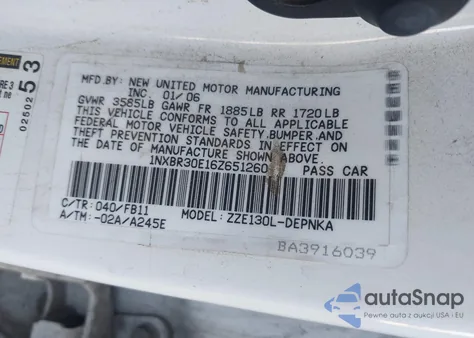 2006 Toyota Corolla Le from USA, damaged, VIN 1NXBR30E16Z651260